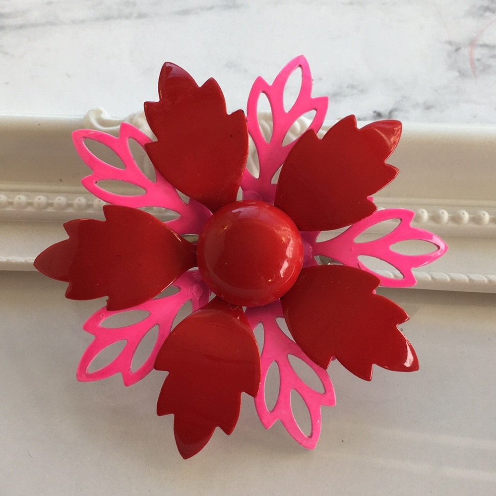 Vintage flower brooch pin Pink & Red & Fantastic - Picture 5 of 8